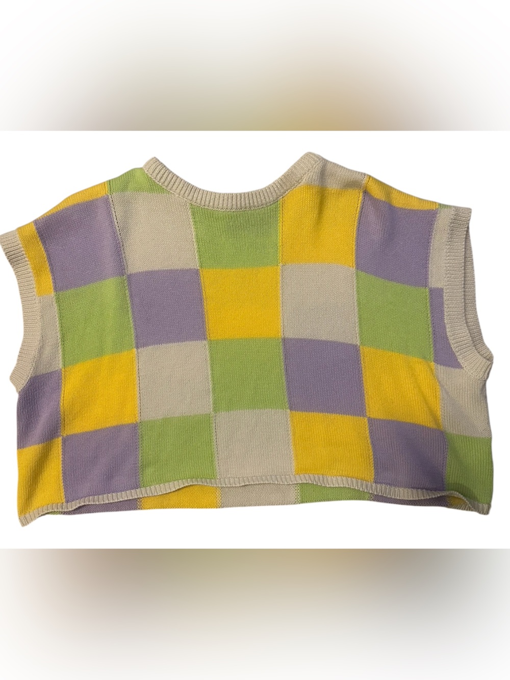 “Mardi Gras” Colorblock Knit Sleeveless Vest in Yellow, Lavender, Green, Cream